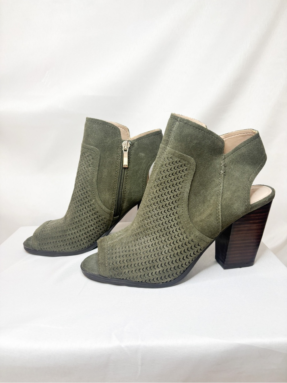 Essex Lane Olive Suede Peep-Toe Block Heel Booties - Picture 3 of 5